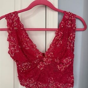 Bebe Vibrant Red Sequin Lace Top